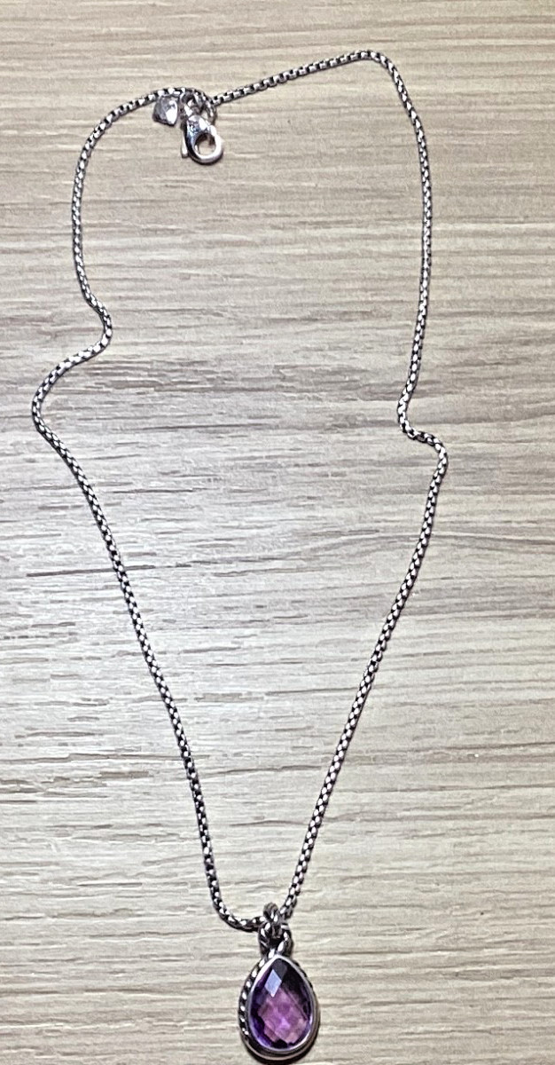 DAVID YURMAN STERLING SILVER AMETHYST TEEAR DROP NECKLACE ABOUT 16 INCHES LONG