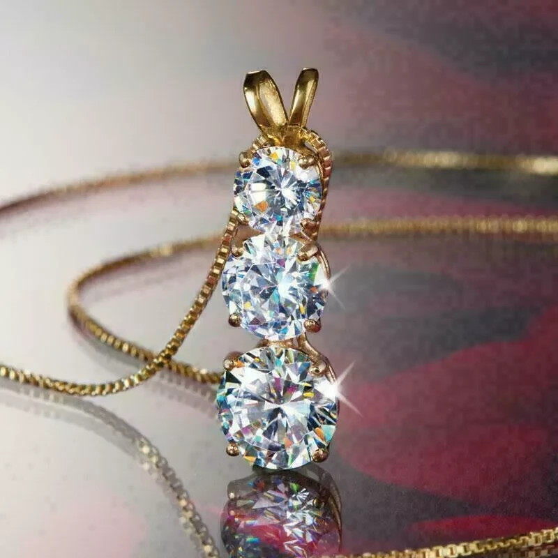 2.50Ct Diamond Round Cut 14K Yellow Gold Finish Three Stone Pendant Necklaces