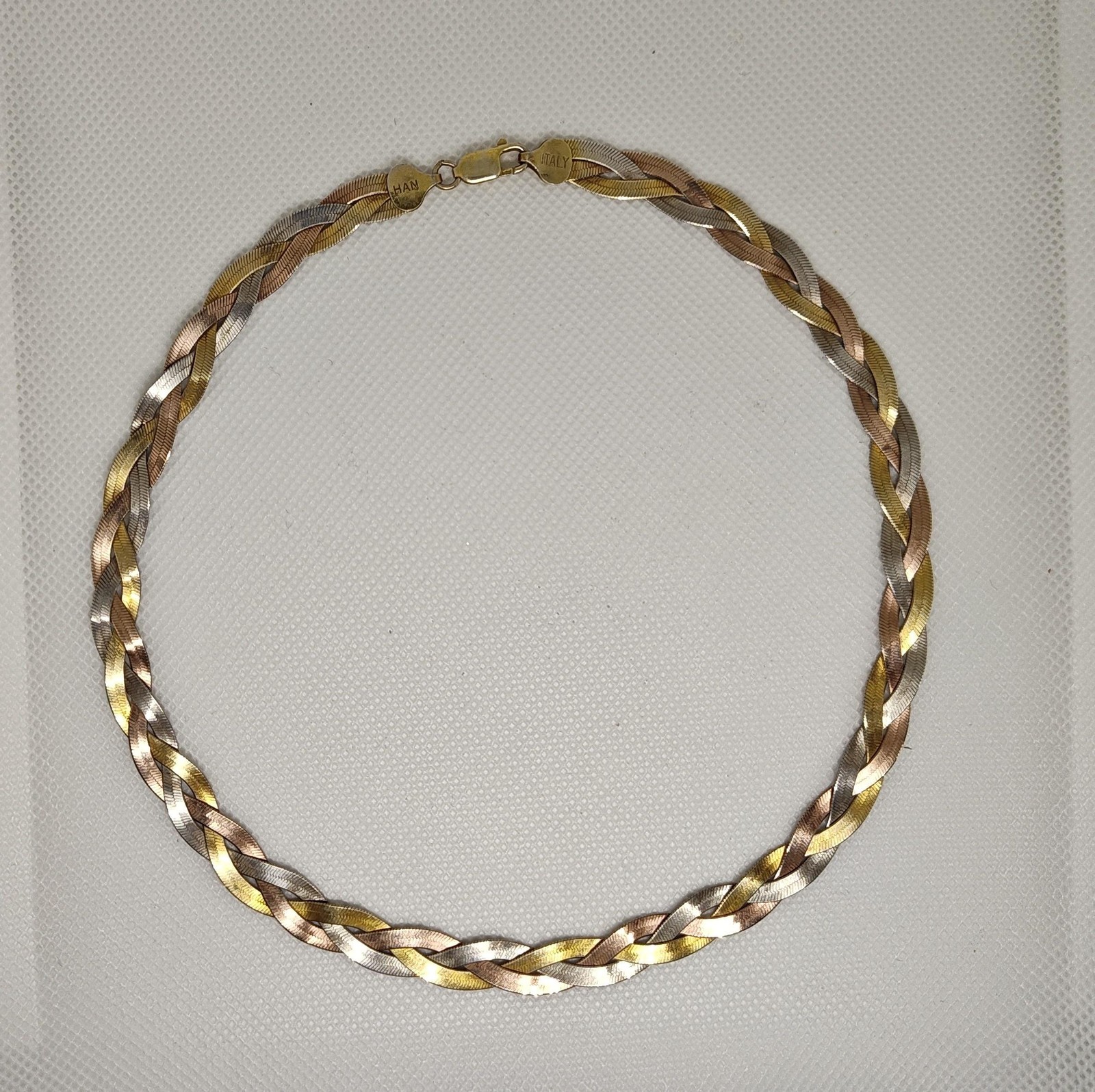 HAN Italy 925 Sterling Silver Tri Color Braided Necklace 18g Yellow Rose White