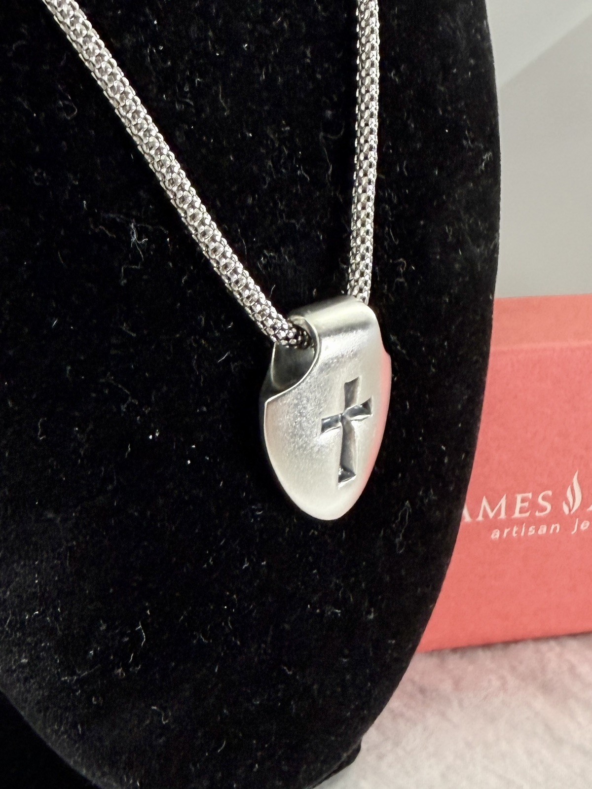 JAMES AVERY Sterling Silver Shield Faith Cross Pendant Popcorn Necklace; RETIRED