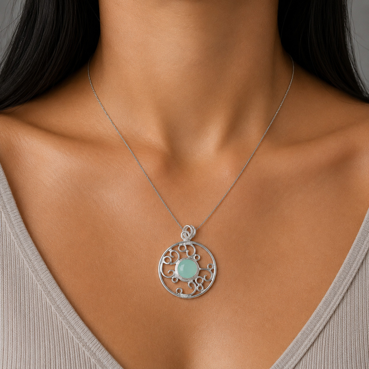 Aqua Chalcedony Gemstone Jewelry 925 Silver Handmade Unique Pendant 1.45″For Her