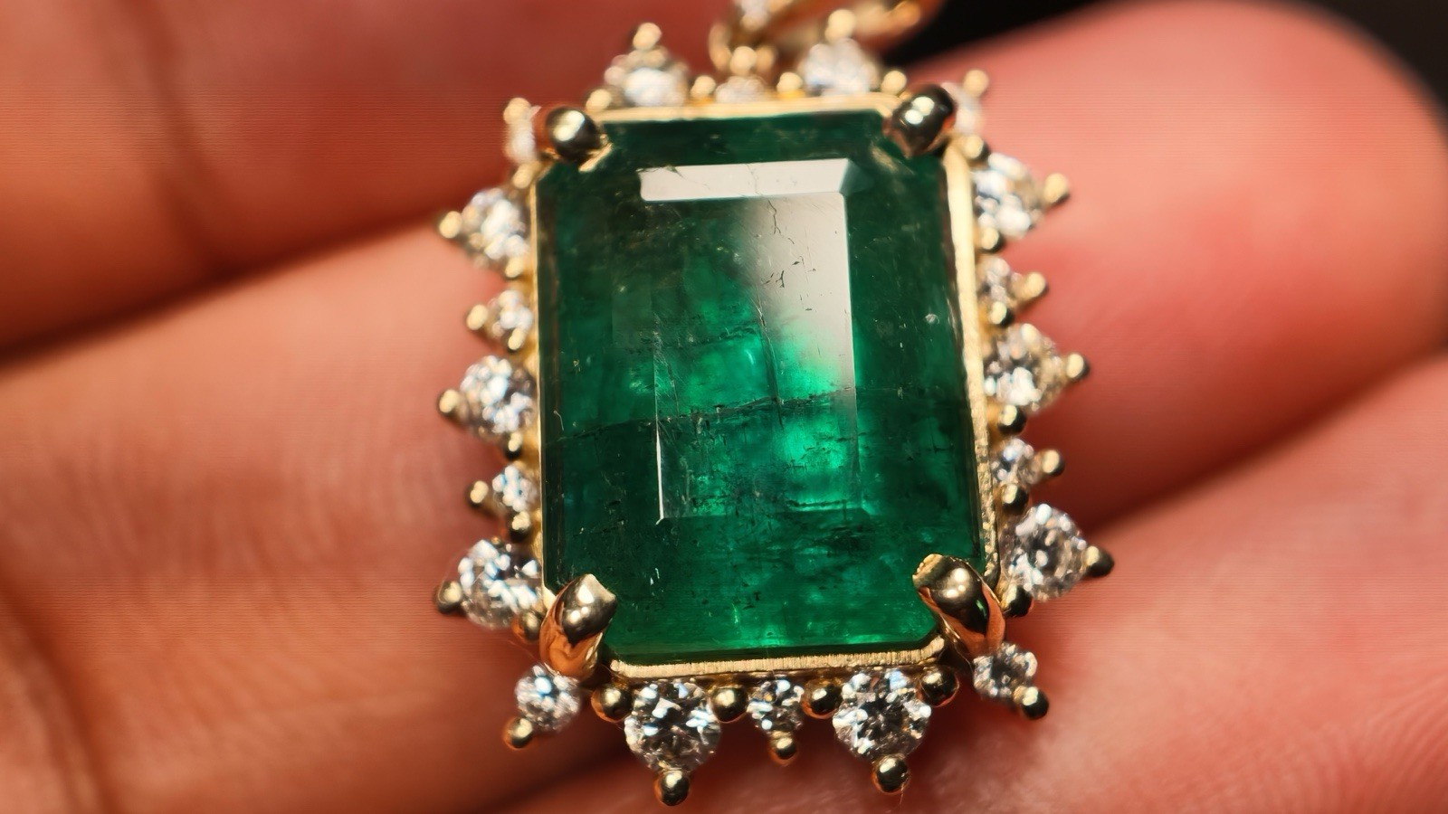 IGI Certified 10.17 Ct Natural Zambian Emerald 14K Gold Diamond Pendant