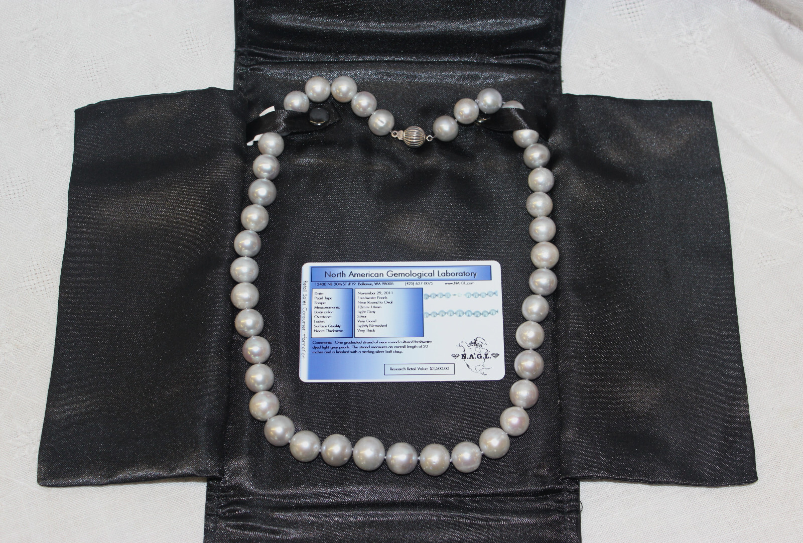 Light Gray Freshwater Pearls Certified NAGL 3500 Near Round / Oval