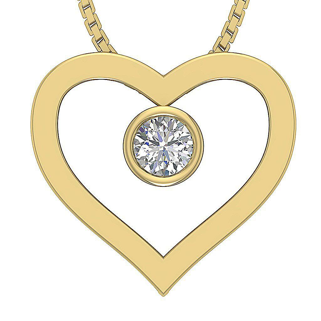 SI1 G 0.25Ct Genuine Diamond Solitaire Heart Pendant Necklace 14K Gold Bezel Set