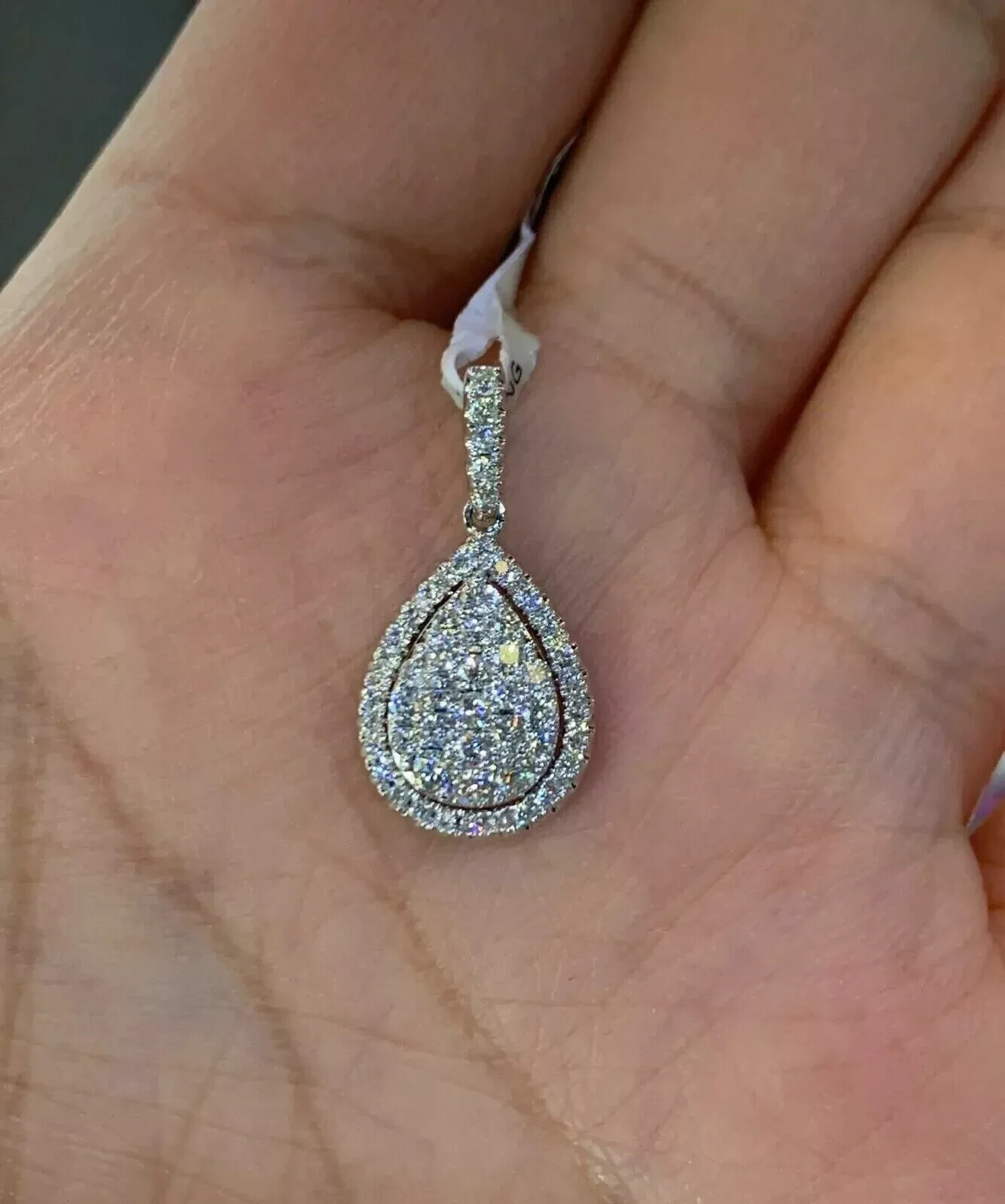 Delicated 1.50Ct Round Cut Diamond Pear Halo Shape Pendant 14k White Gold Finish