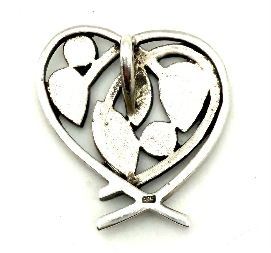 Sterling Silver 925 Heart Shaped Black Onyx Pendant Designer Asymmetrical 1.25”