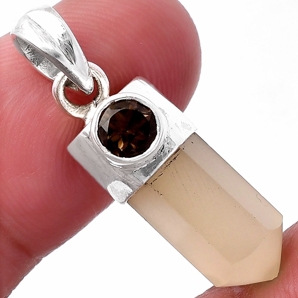 Milky Lemon Quartz Point & Smoky Quartz 925 Silver Pendant Jewelry P-1107