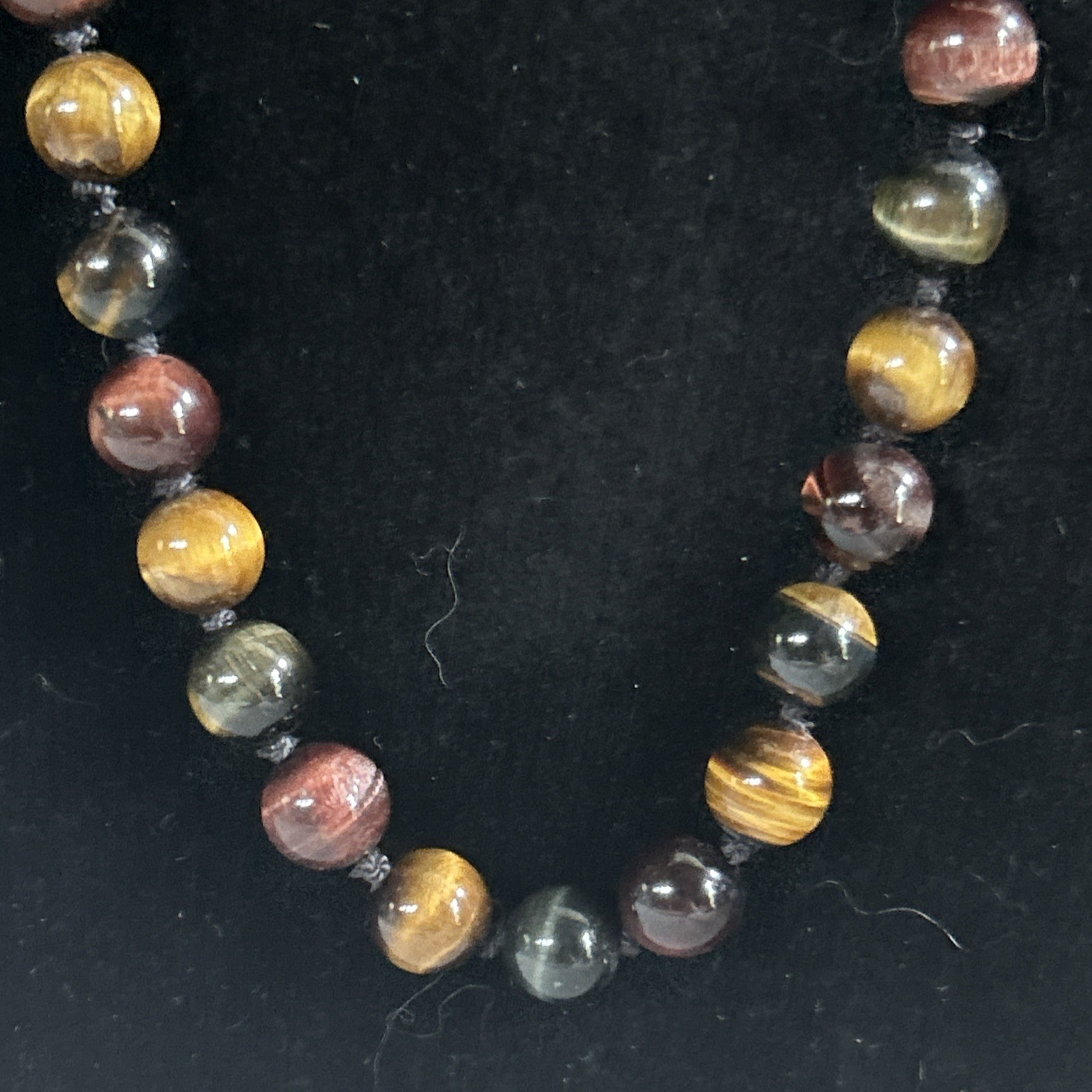 10mm Tiger’s Eye Beaded Necklace Knotted Brown, Red, Black Tones 26” Gemstone