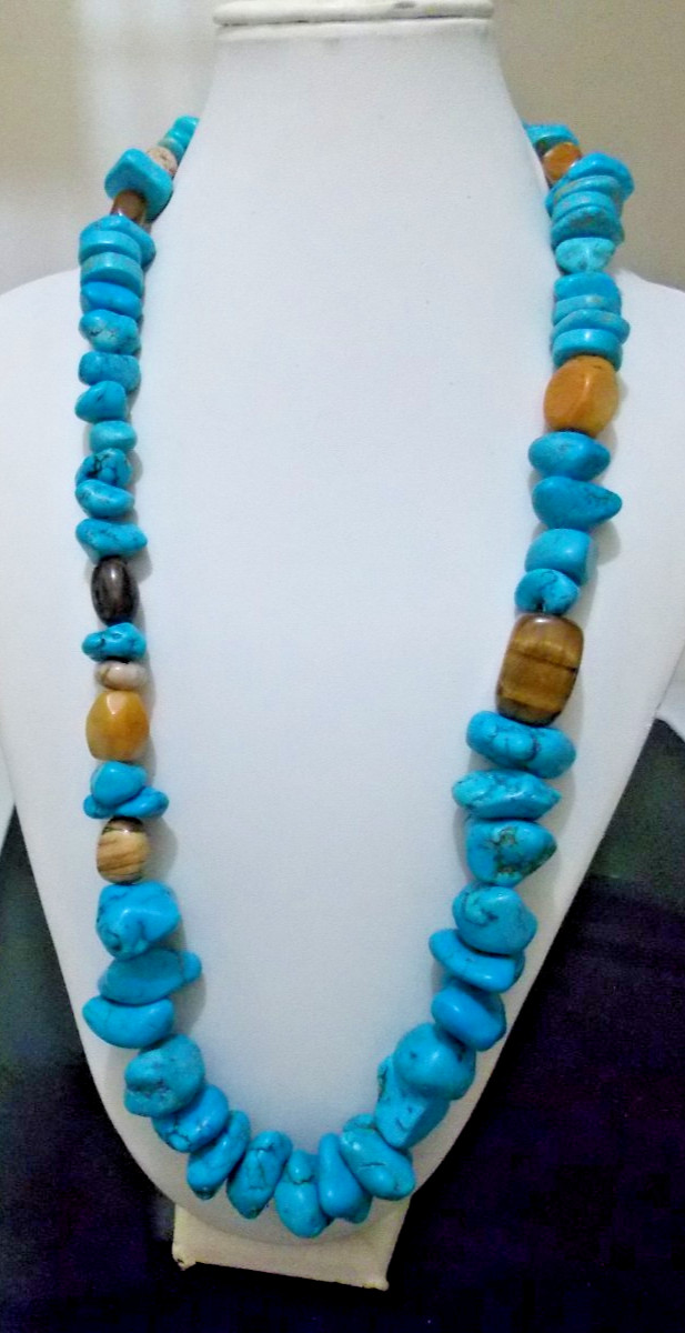 AIL STERLING SILVER TURQUOISE NUGGET NECKLACE 30″ SEMI PRECIOUS STONES