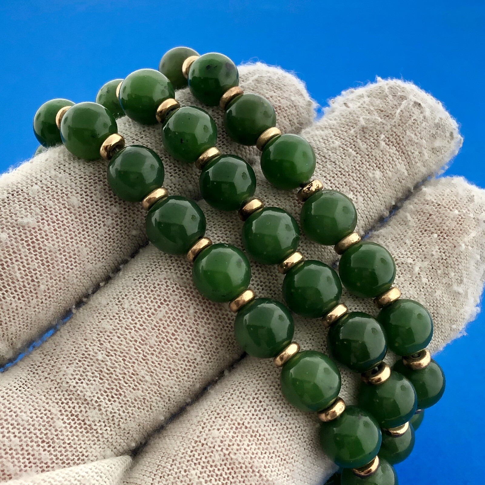 Gorgeous 14k Yellow Gold Cabochon Green Jade Bead Strand String 22.5″ Necklace