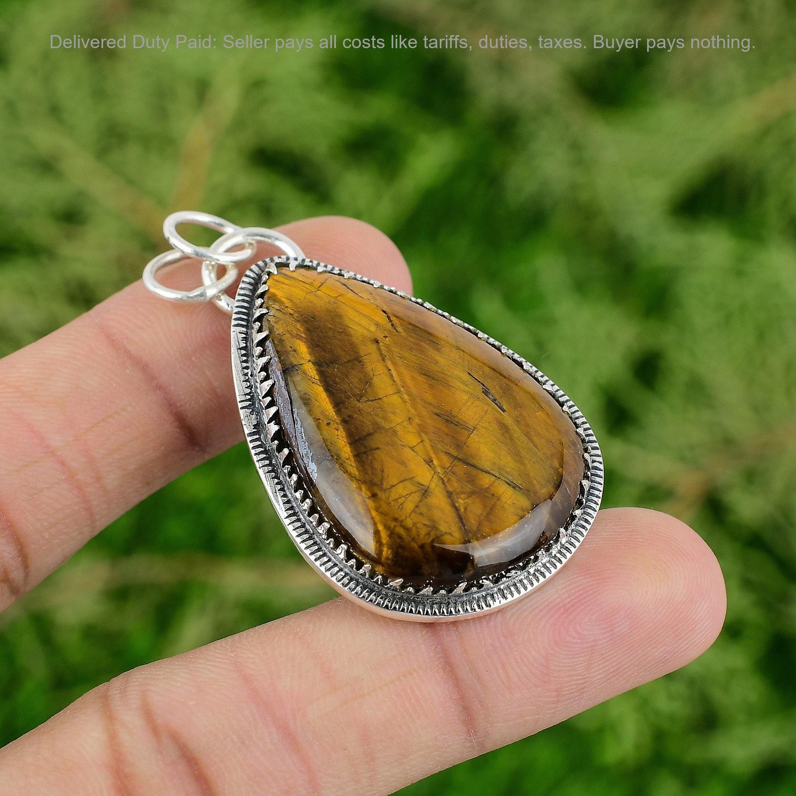 Sterling Silver Pear Tiger’s Eye Stone Wife Anniversary Birthday Bezel Pendant