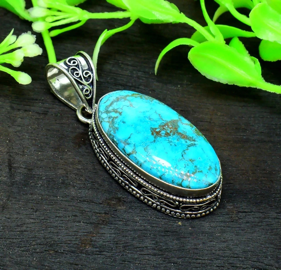 NEW Natural Turquoise Gemstone Handmade 925 Sterling Silver Jewelry Pendant