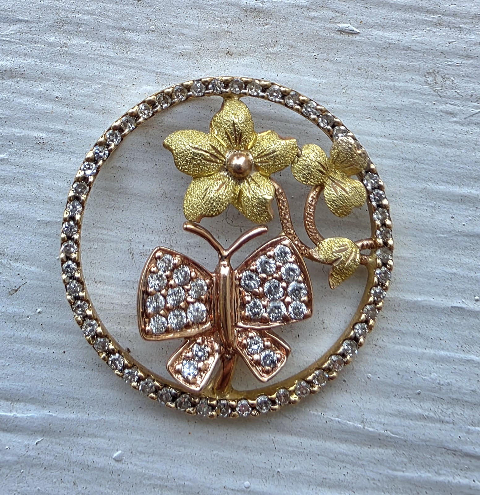 14k Multicolor Gold & Diamond Floral Butterfly Disc Pendant
