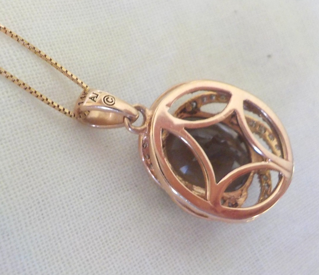 14K Rose Gold Spiral Halo Smoky Quartz Diamond Necklace – 4.20 gms, 18.5 in