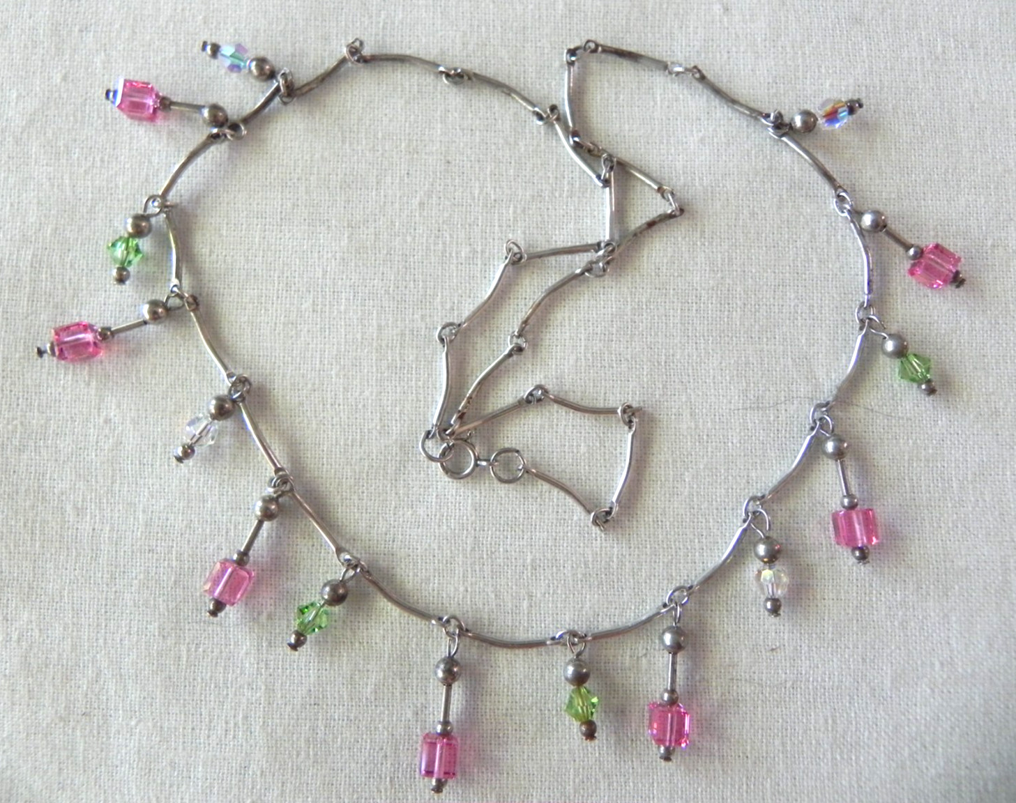 Dainty Sterling Silver Drop Station Necklace Curved Bar Link Pink crystal beads