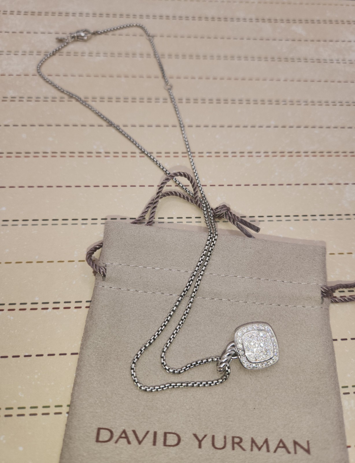 David&Yurman 925 Sterling Silver Pavé Diamond Square albion 14mm Necklace 20 mm