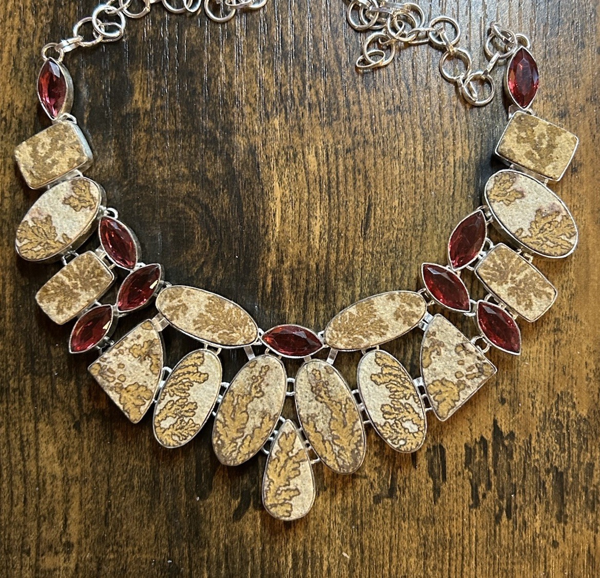 Rough German Dendritic Opal, Garnet Handmade 925 Silver Ethnic Big Necklace