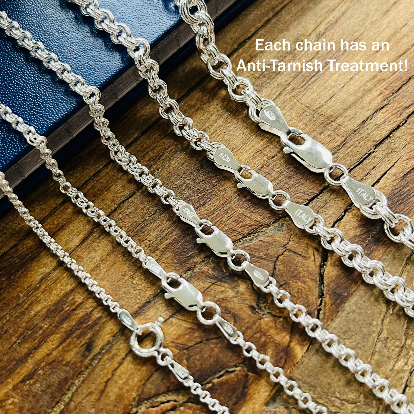 Real Solid 925 Sterling Silver Double Rolo Chain Necklace Made in Italy