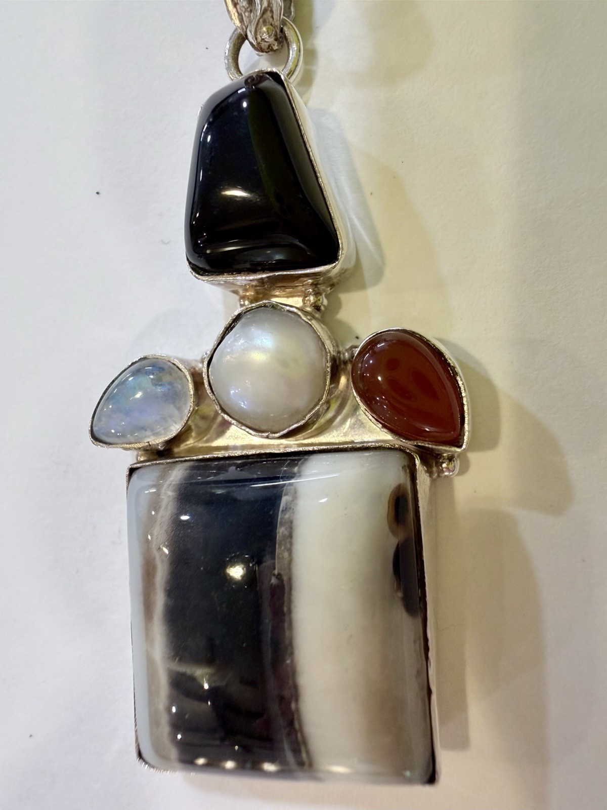 Unique Sterling Silver 925 Gemstone Pendant Agate Onyx Moonstone Pearl Carnelian