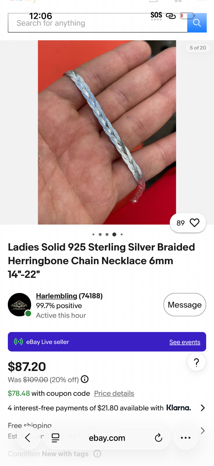 Ladies Solid 925 Sterling Silver Braided Herringbone Chain Necklace