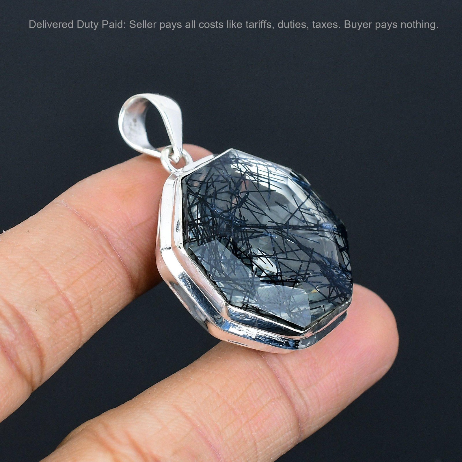 Octagon Black Rutile Gemstone 925 Sterling Silver Anniversary Birthday Pendant