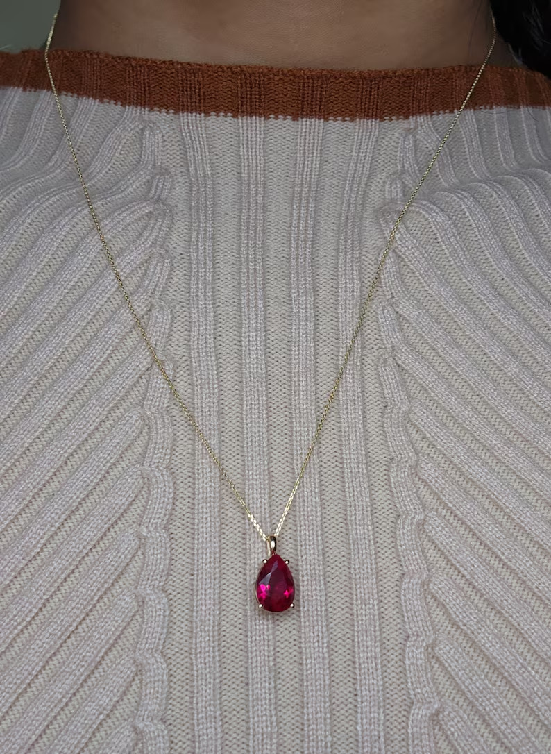 3Ct Created Red Ruby Pear Shape Pendant 14K Yellow Gold Plated W/F Chain 18”