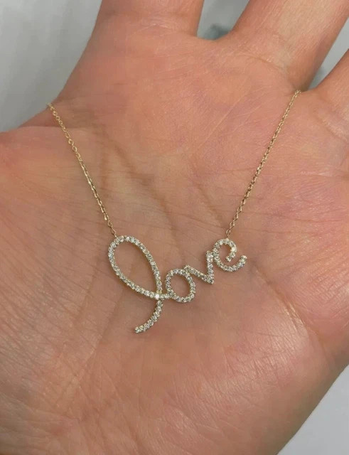0.90Ct Round Cut Real Moissanite Love Pendant With Chain 14K Yellow Gold Plated