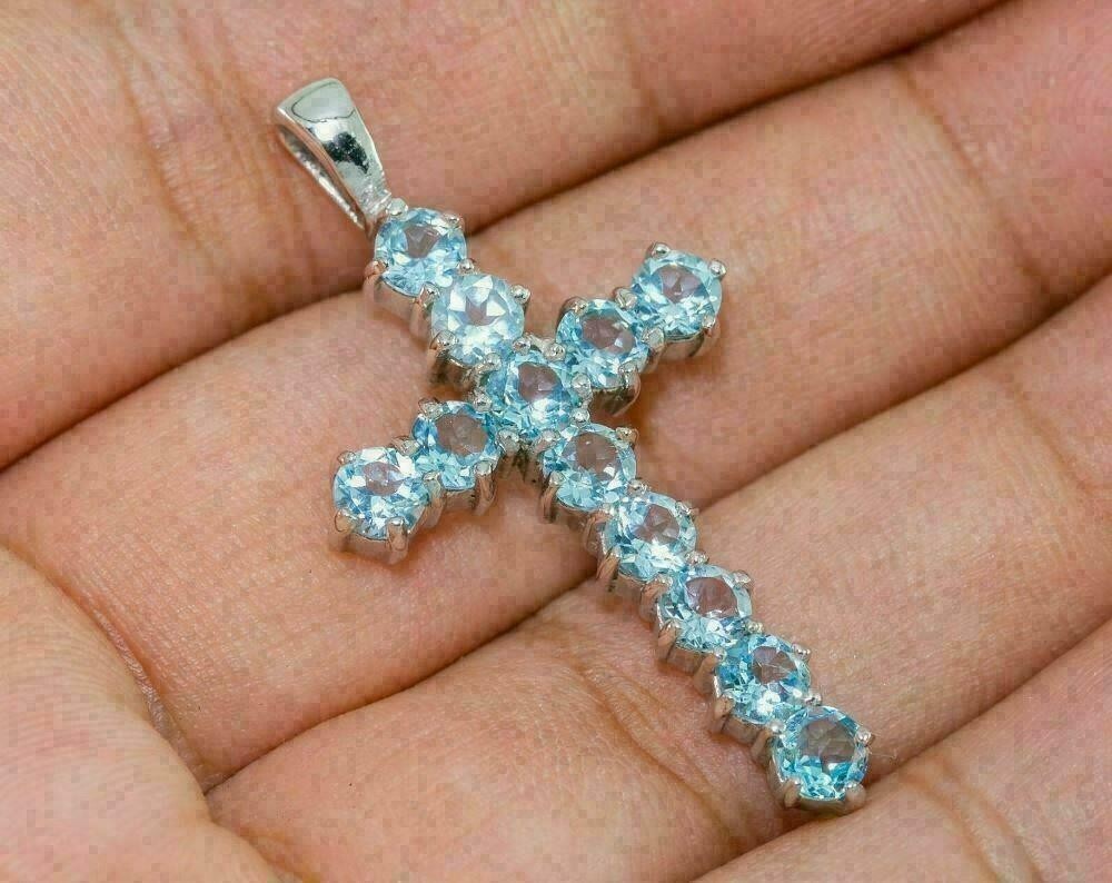 3.50Ct Round Cut Aquamarine Cross Pendant 14K White Gold Finish Free 18″ Chain