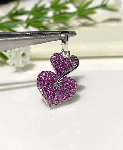 1.35Ct Round Cut Lab Created Ruby Heart Cluster Pendant 14K White Gold Plated