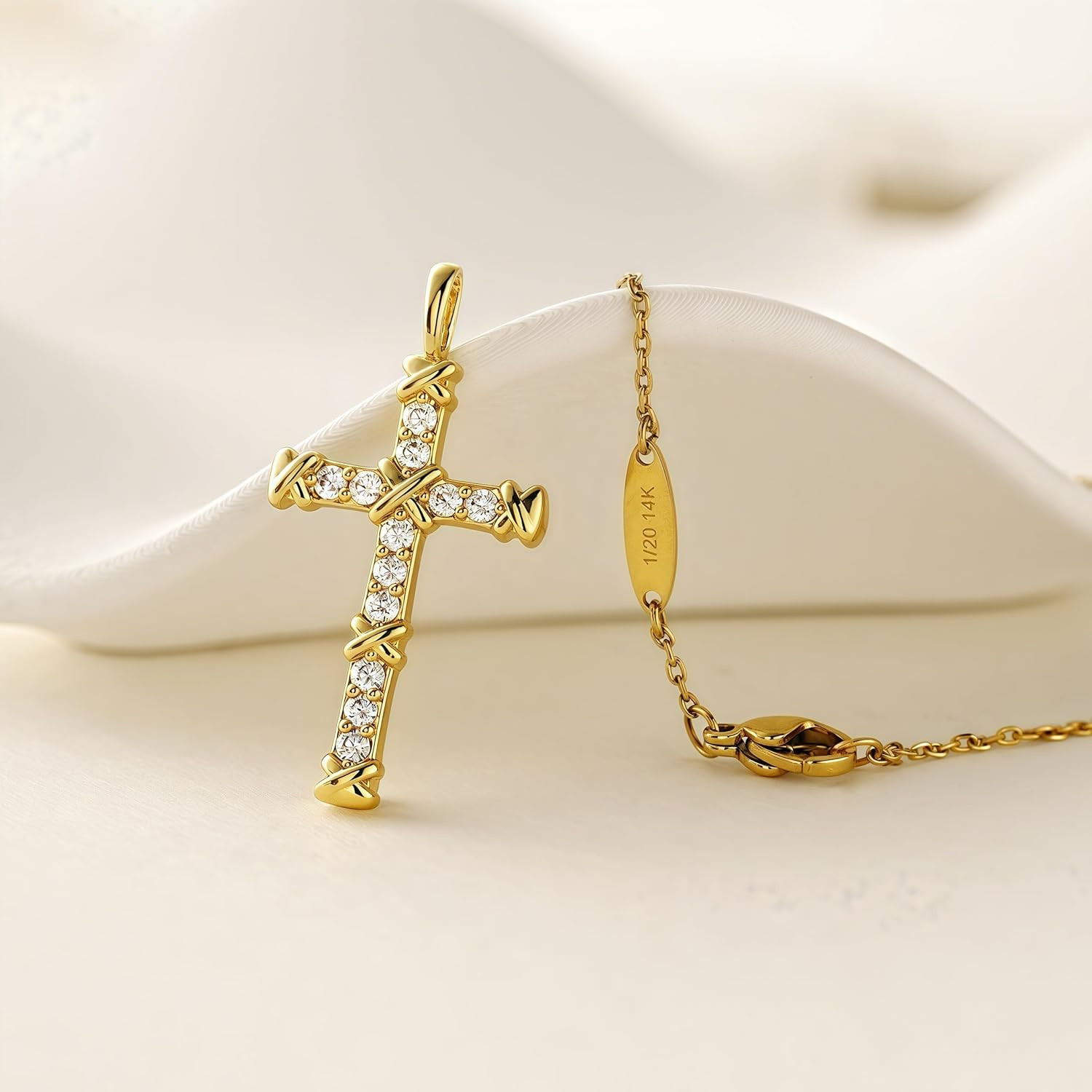 14K Gold Cross Necklace for Women,Gold Filled Sterling Silver Cross Necklace CZ