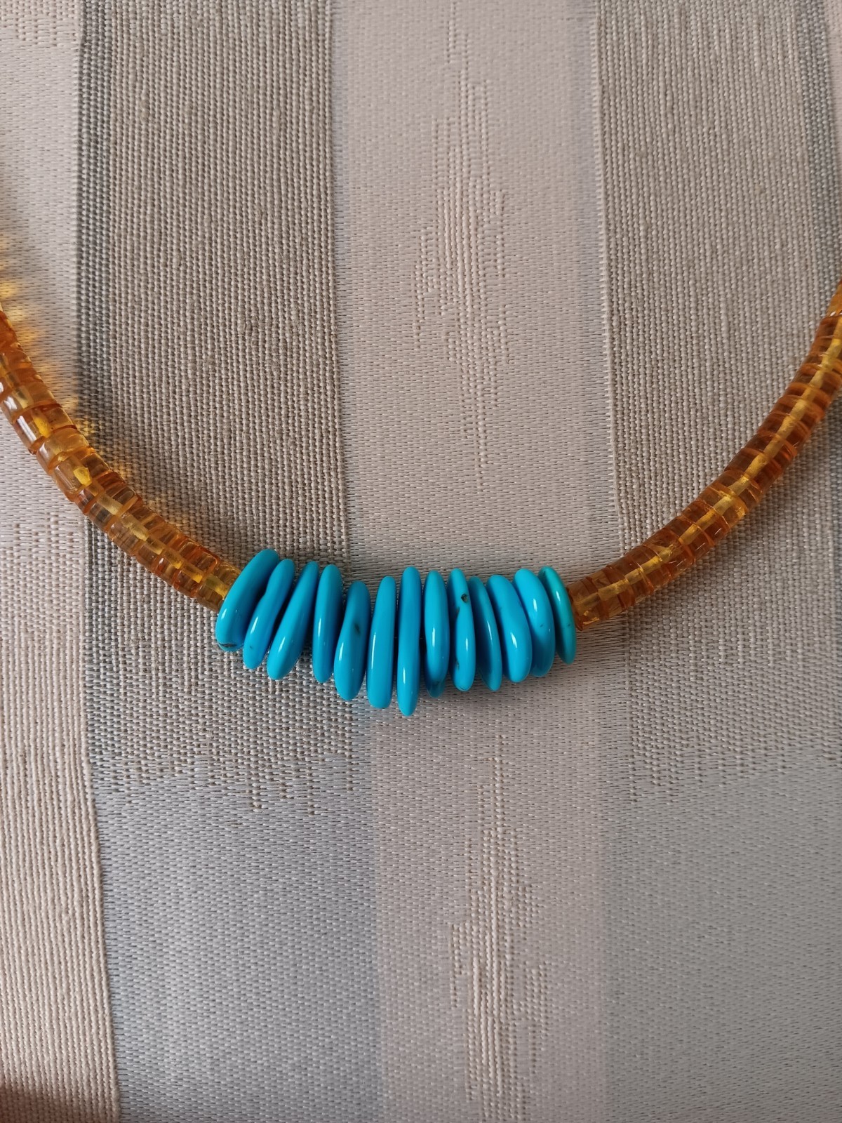 Beautiful Natural Amber Heishi And Sleeping Beauty Turquoise Necklace 21 In 925