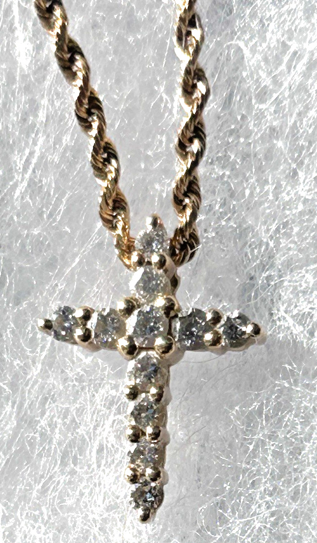 14 Karat Gold Diamond Cross Pendant & Chain Stamped 14K With IGI Summary Report