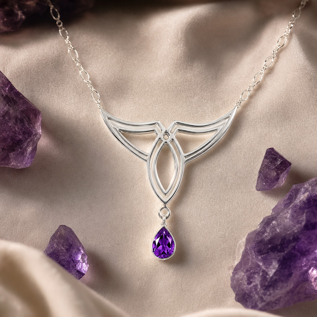 Vintage 925 Sterling Silver Amethyst Teardrop Openwork Celtic Knotwork Necklace