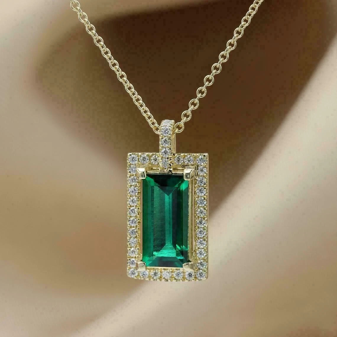 2CT Lab Created Emerald Pendant Necklace 14k Yellow Gold Finish “18 Free Chain