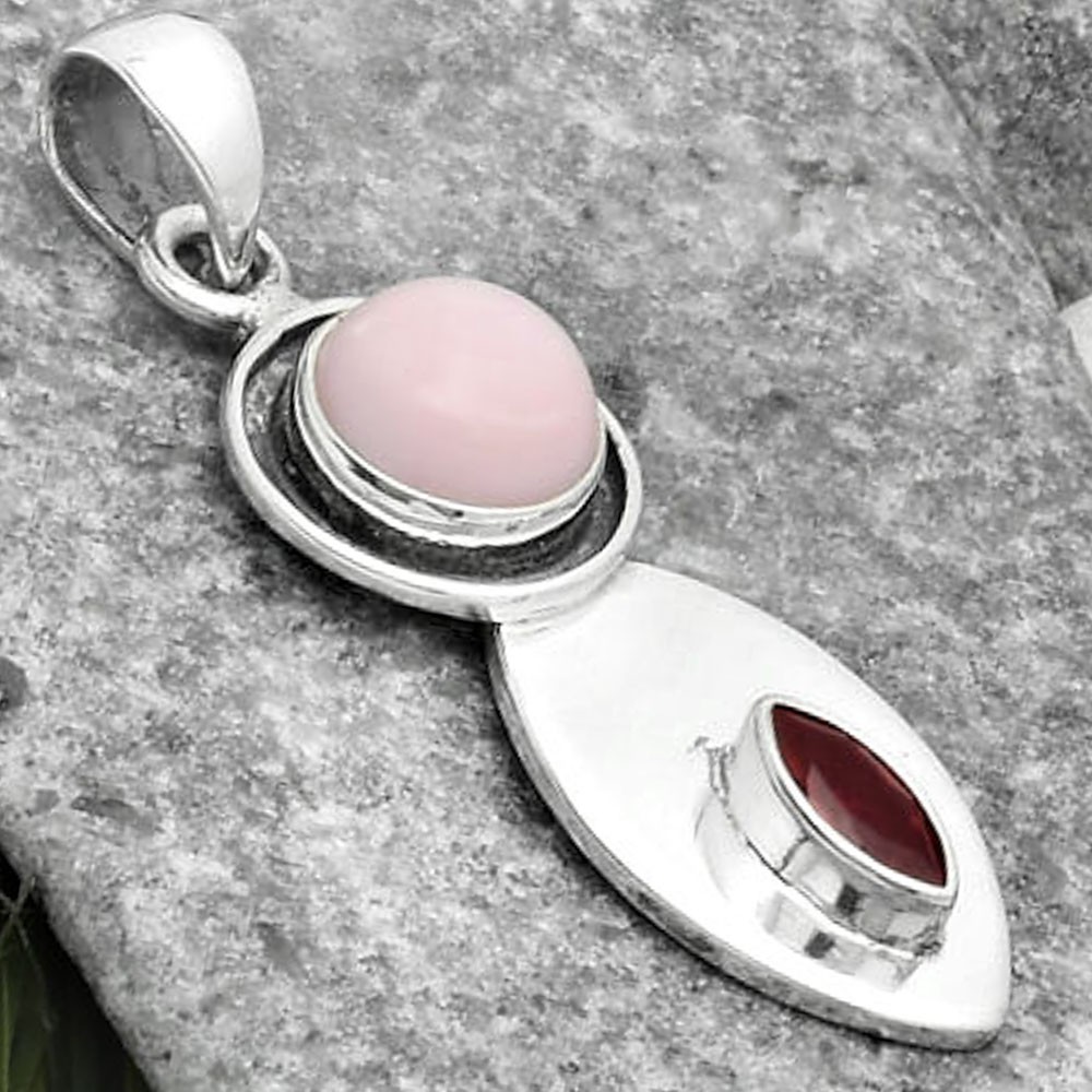 Natural Pink Opal Australia & Garnet 925 Sterling Silver Pendant Jewelry P-1186