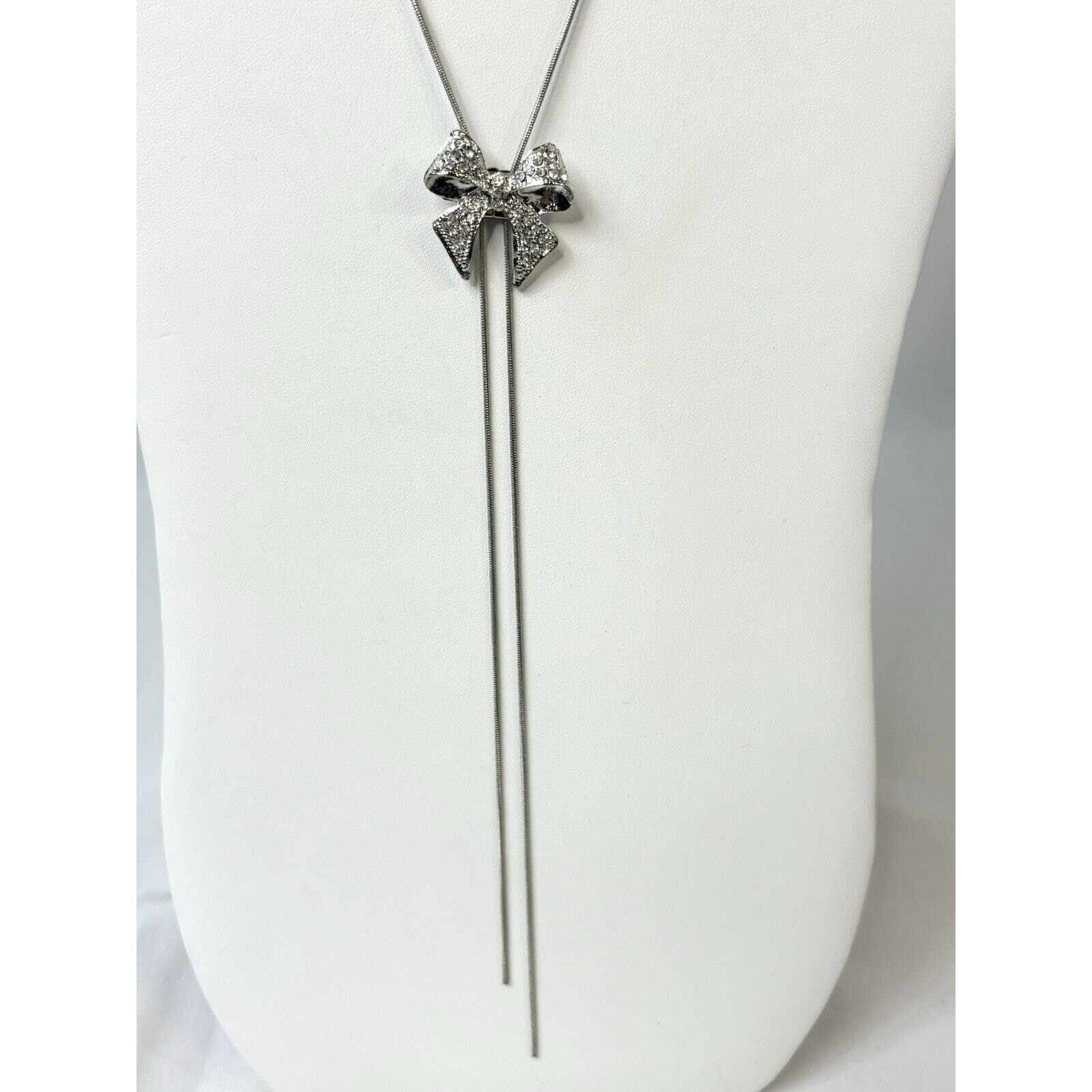 Vintage Silver Tone Bow Rhinestone Bolo Slider Lariat Necklace Western Glam