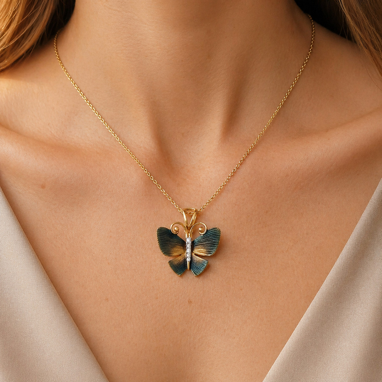 Natural Diamond Butterfly Pendant Necklace 14K Yellow Gold, Diamond Necklace
