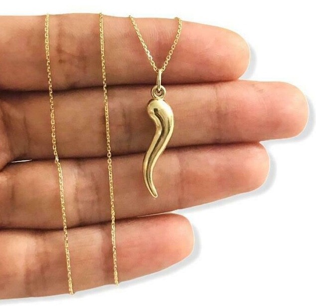 14K Real Gold Italian 1.06″ Horn, Cornicello, Chili Pendant/Necklace- 14kC3040