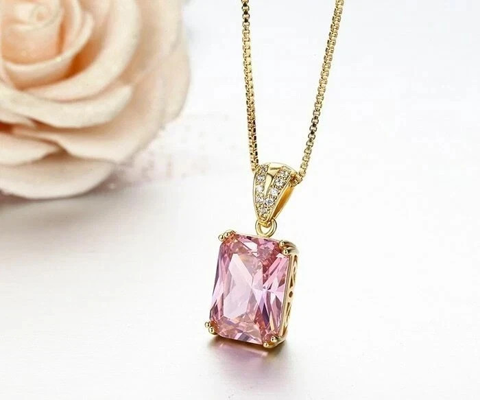 Emerald Cut Simulated Pink Sapphire Pendant With Chain In 14k Yellow Gold Plated