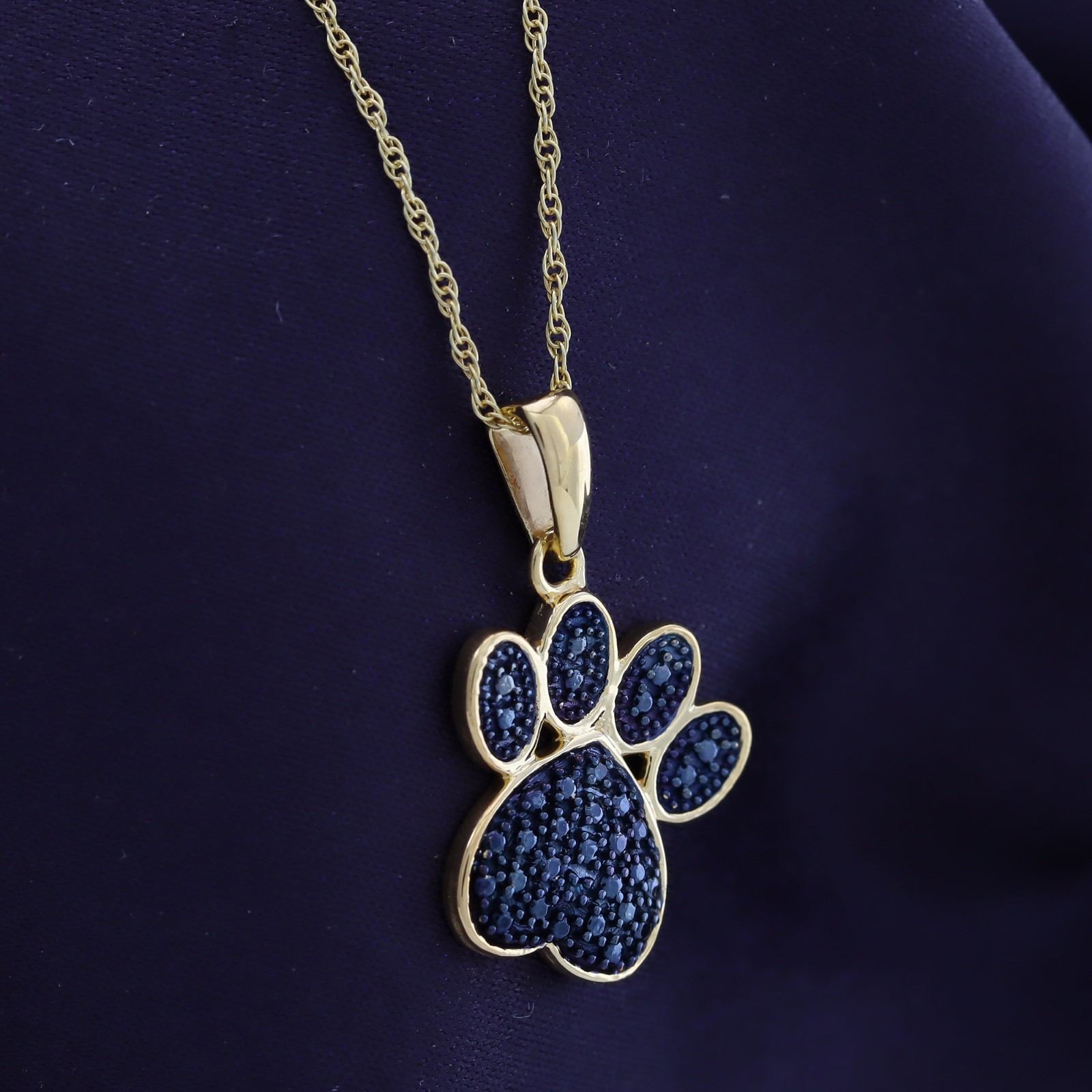 Blue Real Diamond Accent Paw Print Pendent 18″ Necklace 10K Yellow Gold Plated