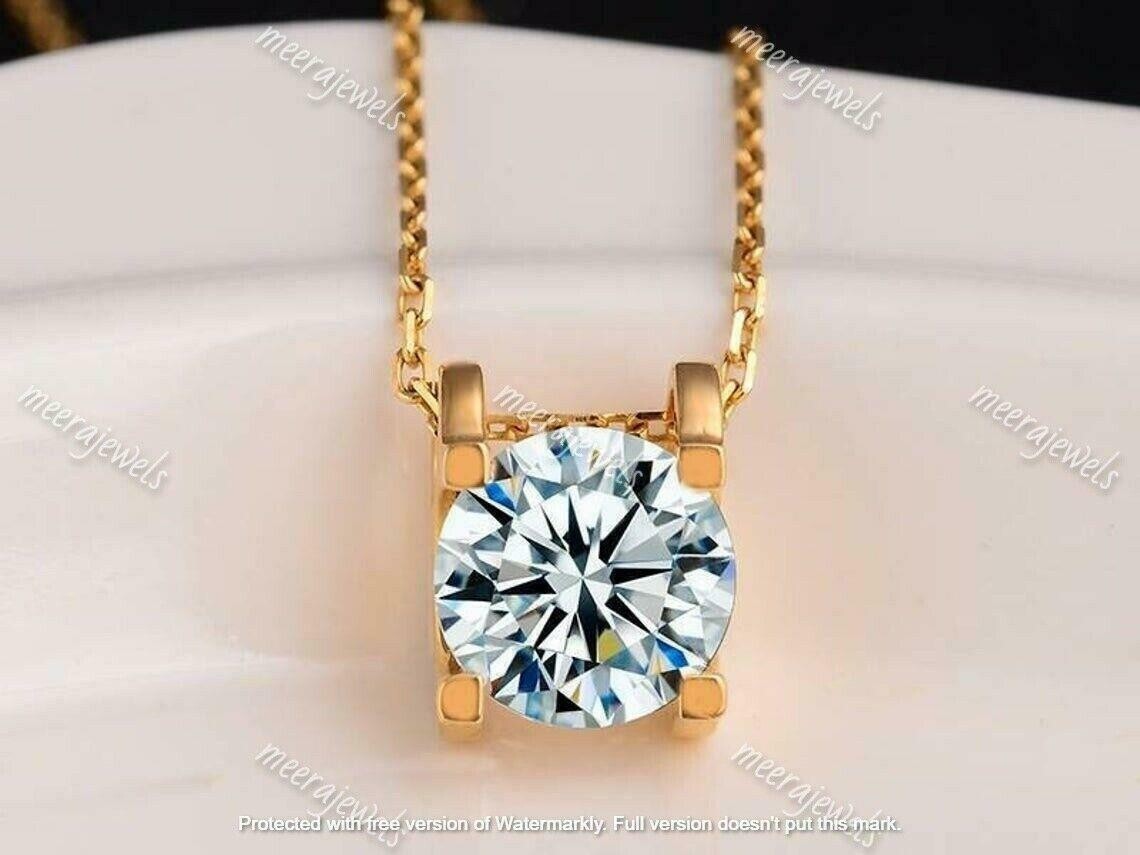 3Ct Round Cut Moissanite Pendant 14K Yellow Gold Plated Silver 18’in. Free Chain