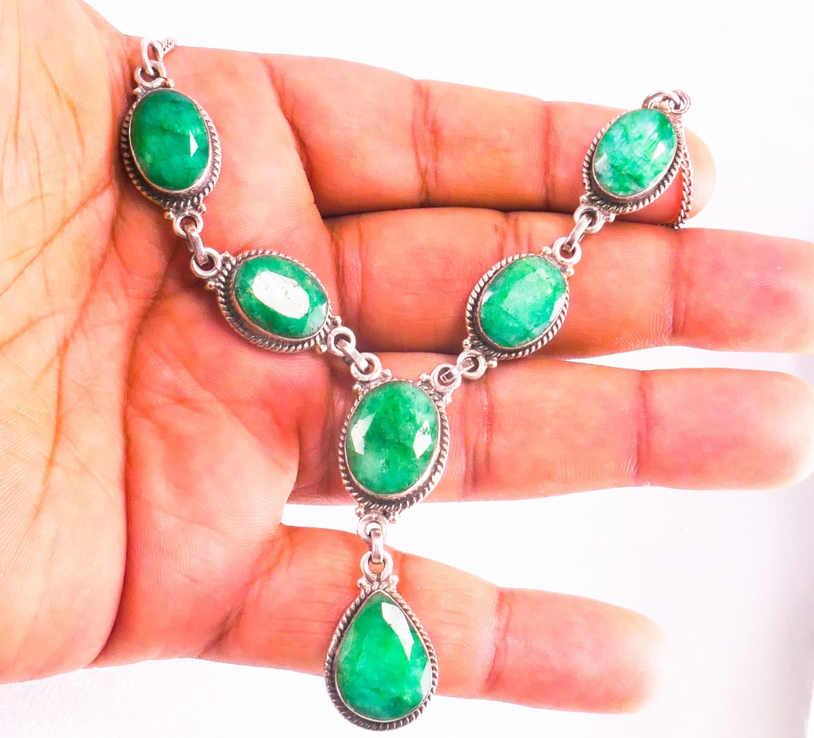 925 Sterling Silver Faceted Raw Emerald Y Drop Necklace 16-17″ 26.94 Grams