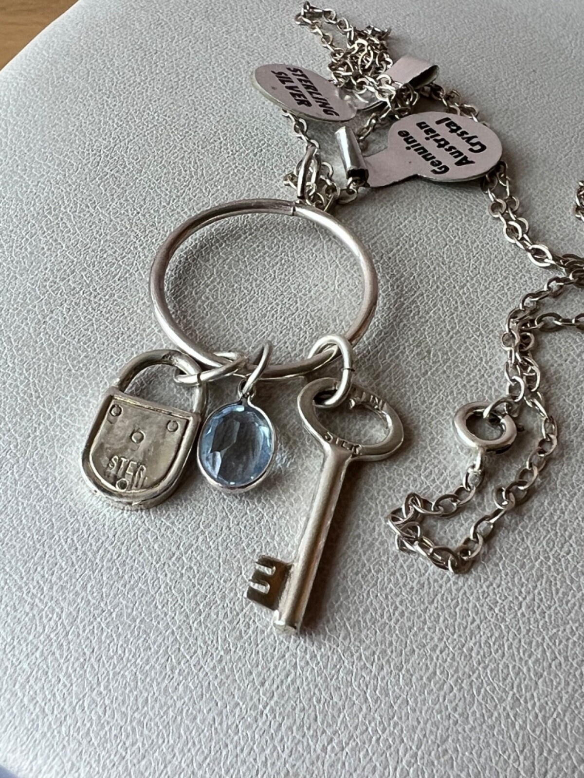 KEY, LOCK, BLUE CRYSTAL LARIAT PENDANT NECKLACE LONG CHAIN 925 STERLING SILVER