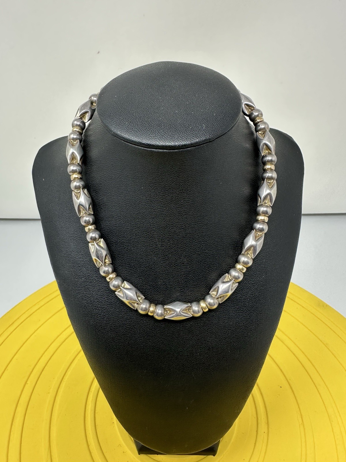 Sterling Silver 14K Geometric Beaded Choker Necklace Elegant Modern 32g 14 In +