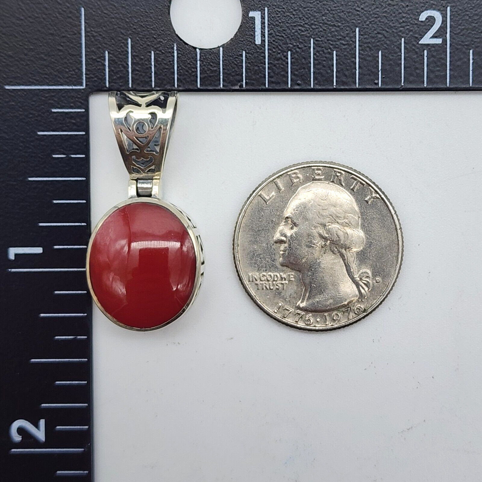 Sterling Silver 925 Red Plastic Resin – Open Work Asian Motif Pendant