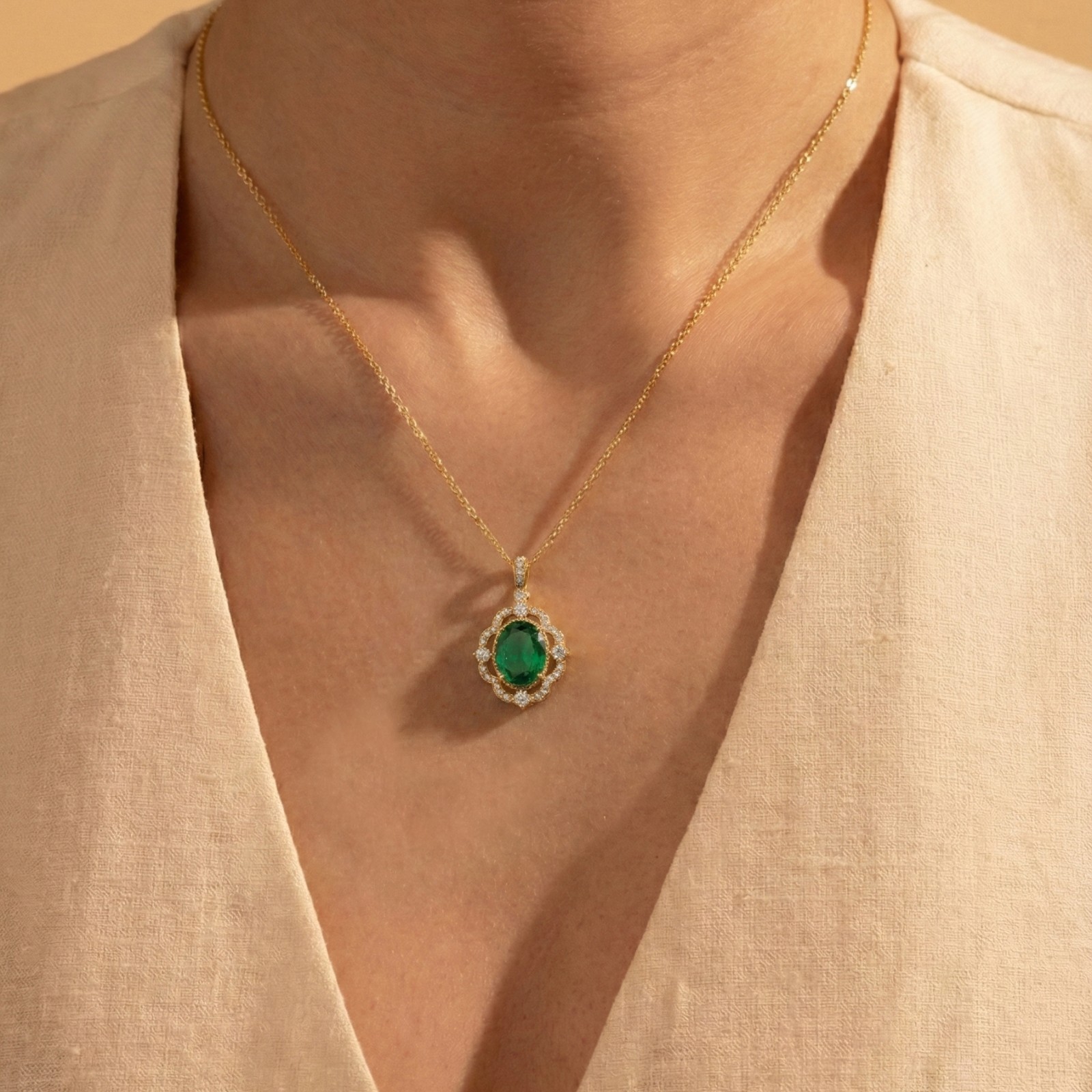 Oval Emerald Pendant Necklace, Green Emerald Halo Necklace, May Birthstone Gift
