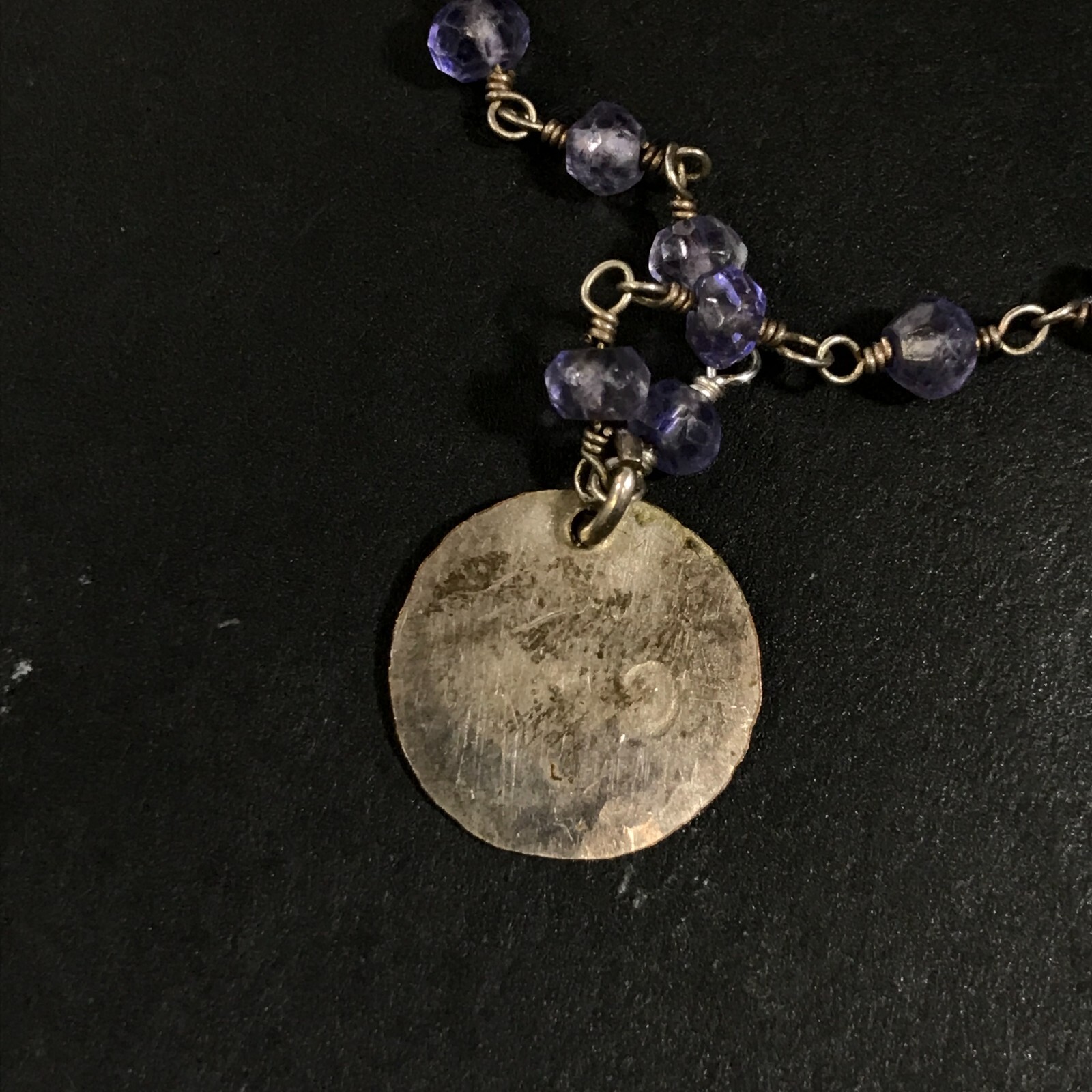 Sterling Silver Chain with Purple Plastic Beads and CMK Circle Pendant 16 in