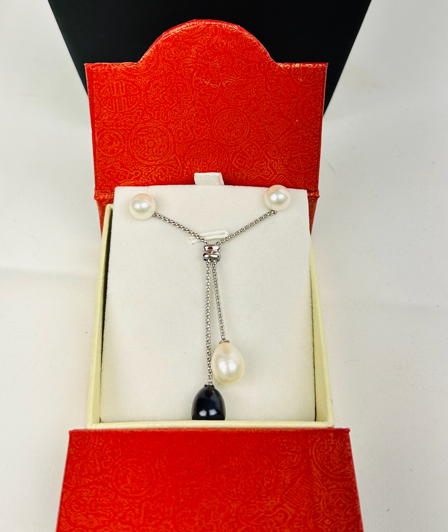 Teardrop Pearl Necklace & Stud Earrings Set White Black Silver Jewelry