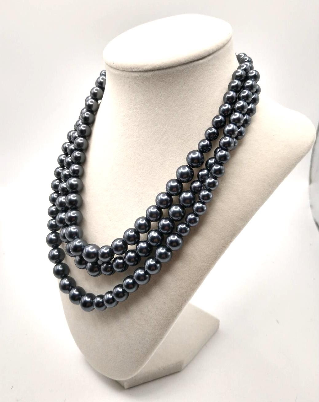 Dark Gray Faux Pearl Beaded Triple Strand Necklace