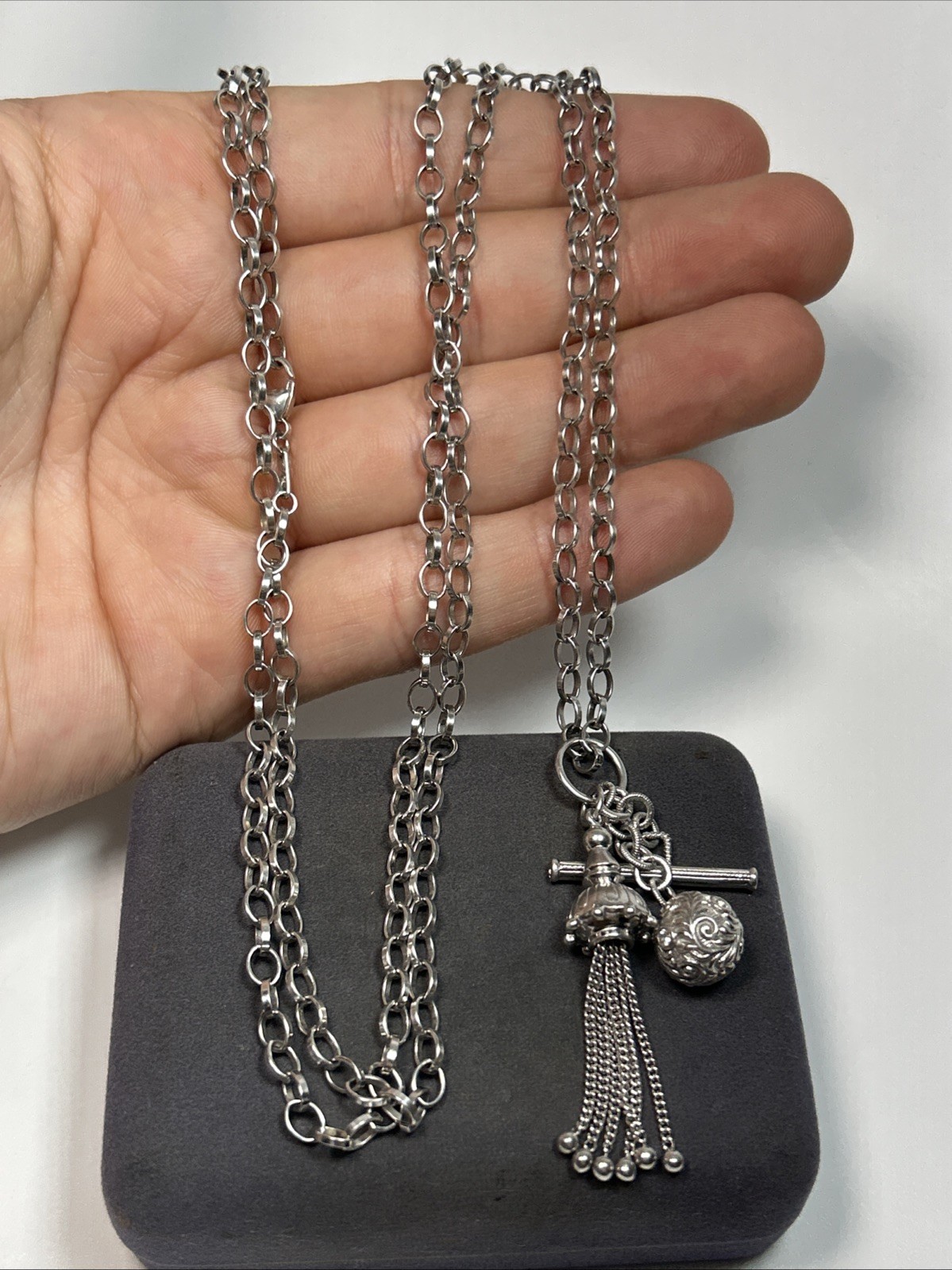Monica Rich Kosann Sterling Silver Tassle Toggle Charm Sapphire Necklace